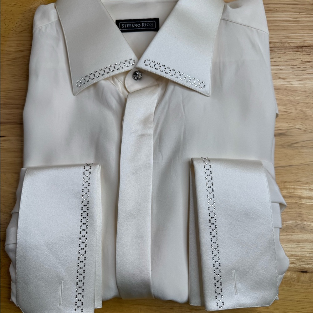 Stefano Ricci White Men's Luxury  Silk Shirt w/Swarovski Crystals & French Cuffs
